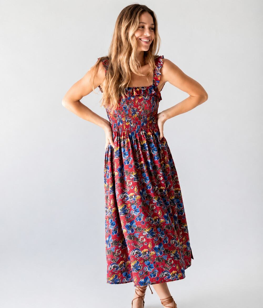 Natural Life Megan Red Floral Smocked Midi Dress Size XS